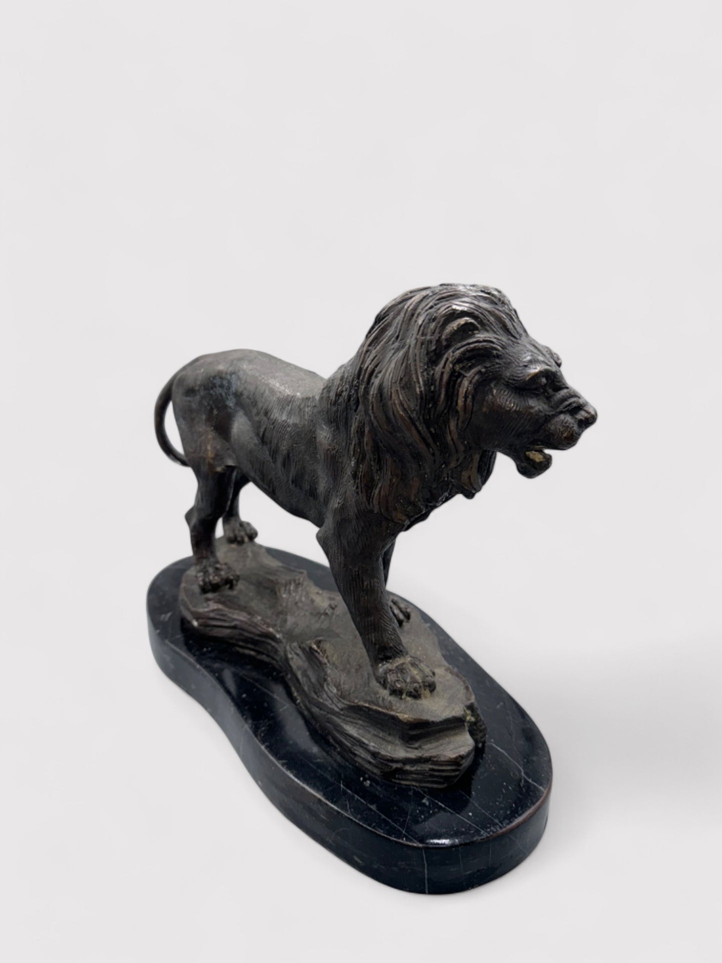 Bronzeskulptur eines stehenden Löwen in Dunkelbraun und Schwarz, 24 cm hoch und 30 cm lang; aus massiver Bronze gefertigt, geeignet für Innen- und Außenbereiche. Detaillierte Verarbeitung mit natürlicher Patina, die dem Löwen einen antiken Charakter verleiht. Artikelnummer 0044.