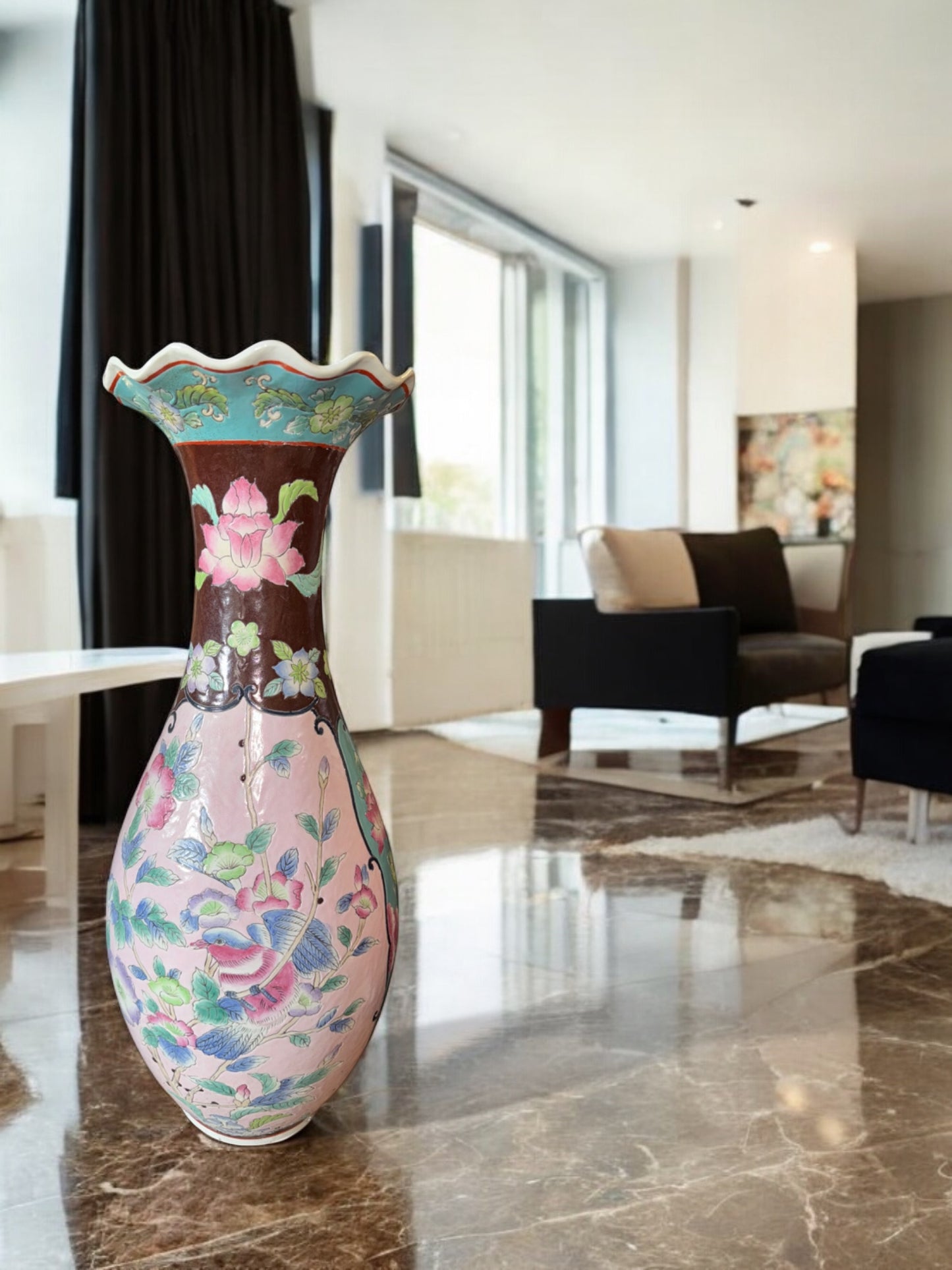 Handgemalte Porzellan Lotusvase, H 63cm