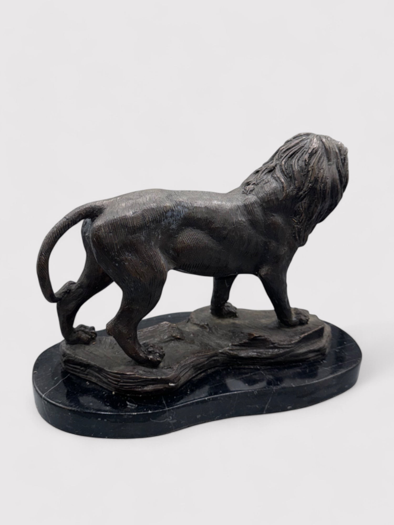 Seitliche Ansicht. Bronzeskulptur eines stehenden Löwen in Dunkelbraun und Schwarz, 24 cm hoch und 30 cm lang; aus massiver Bronze gefertigt, geeignet für Innen- und Außenbereiche. Detaillierte Verarbeitung mit natürlicher Patina, die dem Löwen einen antiken Charakter verleiht. Artikelnummer 0044.
